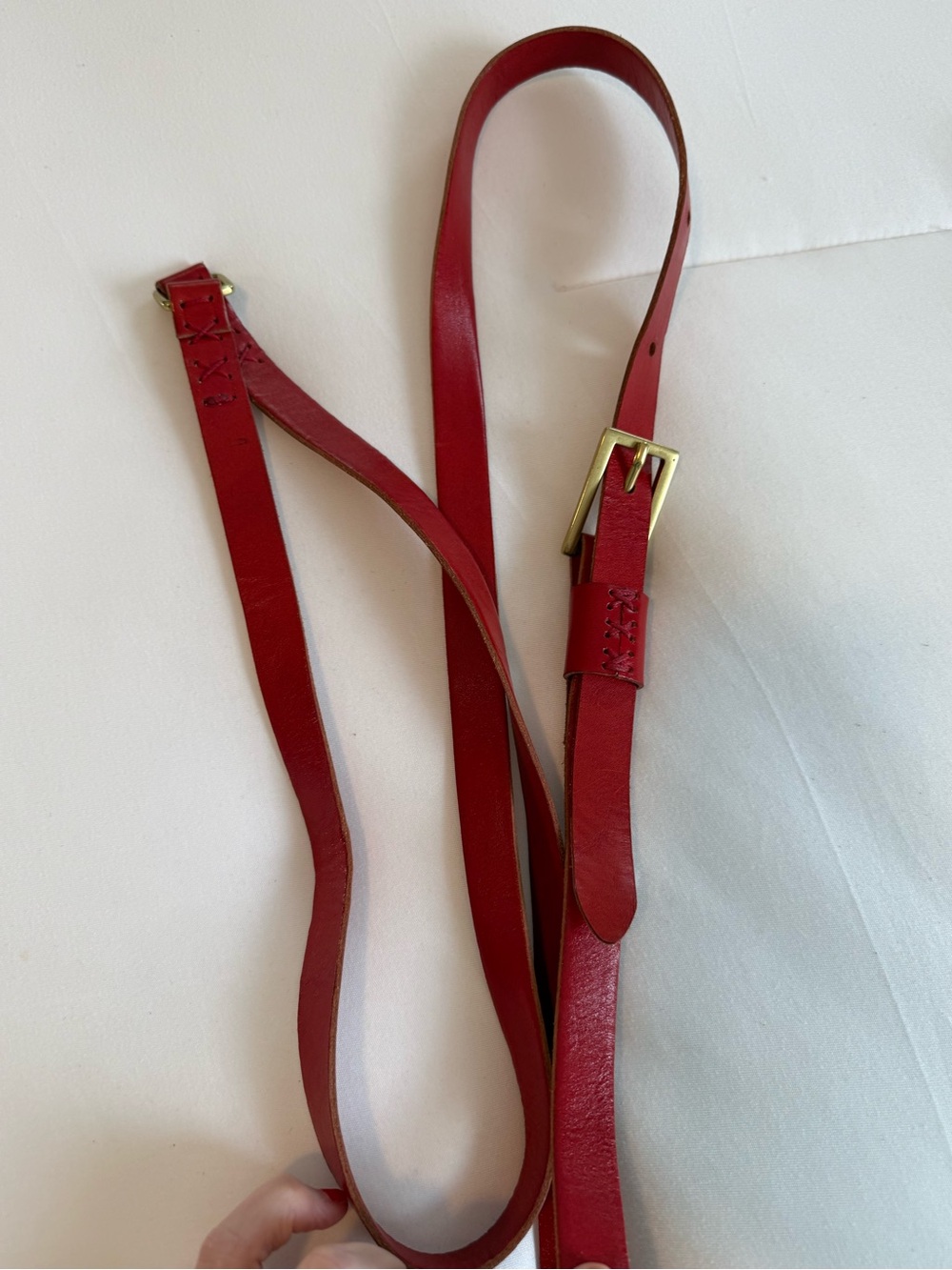 Johnny Farah Handcrafted Red Leather Double Wrap Skinny Belt Brass Buckle Size L